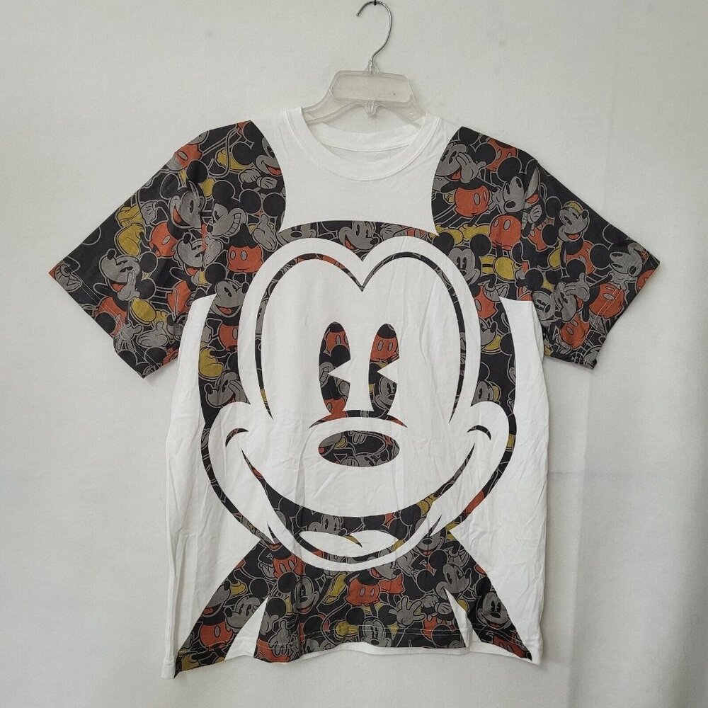 Disney White Short Sleeve Tee with Black, Red and Yellow Mickey Allover
